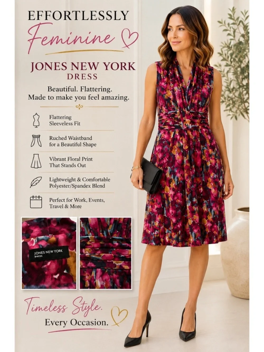Jones New York Floral Sleeveless Ruched Waist Midi Dress